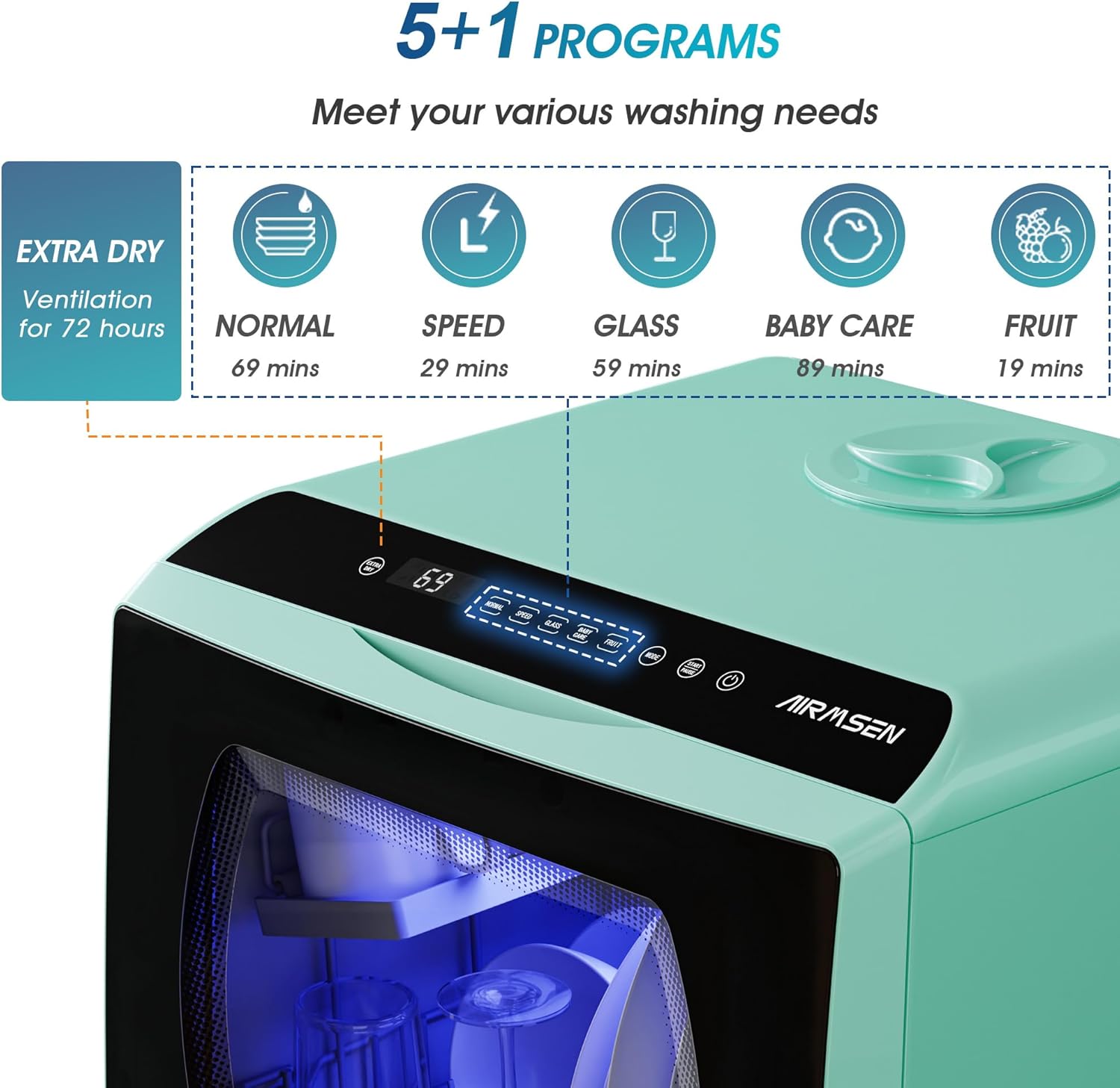 Mini Countertop Dishwasher Built-in Water Tank 5 Programs